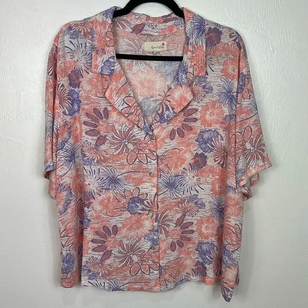 April Kiss Tropical Floral Short Sleeve Button Down Shirt Size XL